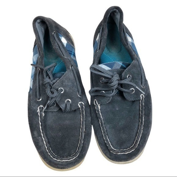 Sperry Top-Sider Womens Grey Suede Blue Plaid Boat Shoes Loafers Deck Shoes 6 - Picture 4 of 9